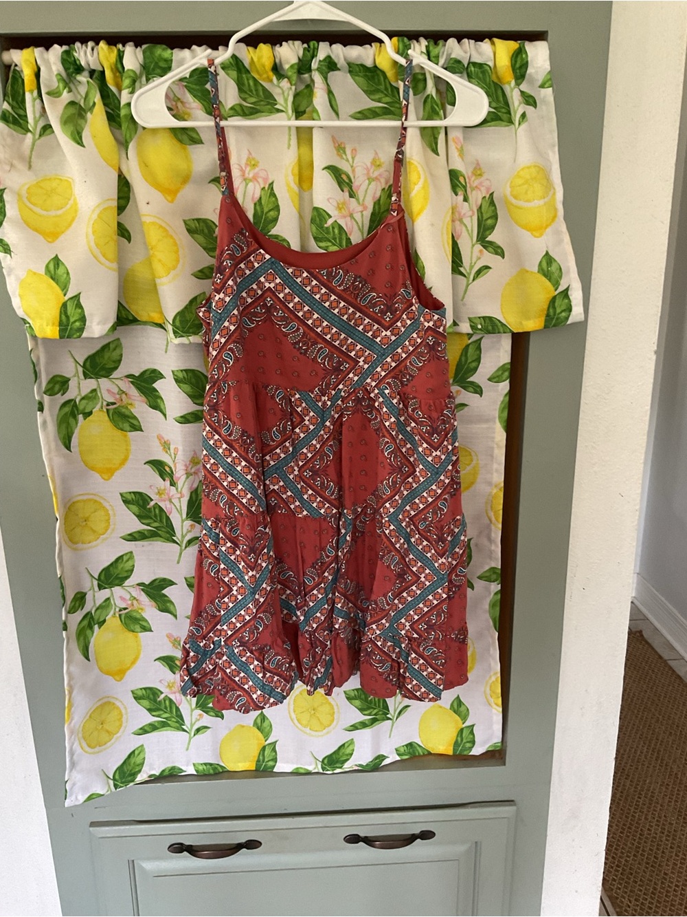Rock and Roll Denim Boho Printed Rust Red Spaghetti Strap Dress